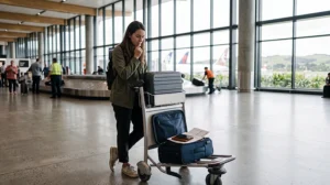 Traveller comparing SIM card and eSIM options after arriving at Auckland Airport