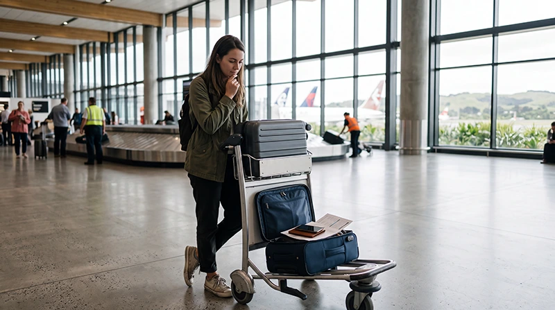 Traveller comparing SIM card and eSIM options after arriving at Auckland Airport