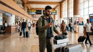 Traveler buying a SIM card at Bangalore Airport after arriving in India
