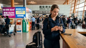 Tourist choosing a SIM card or eSIM at Beijing Capital Airport