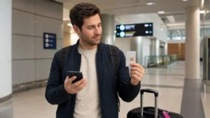 Traveller comparing a physical SIM card at Budapest Airport