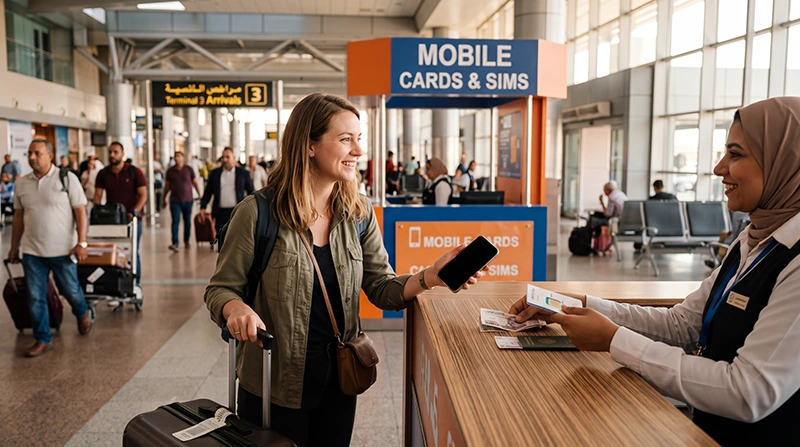 Tourist buying a SIM card at Cairo International Airport