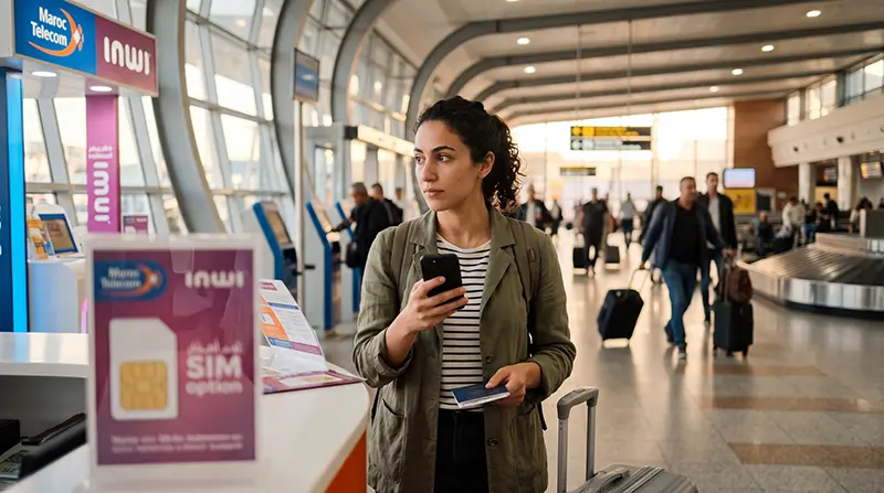 Tourist choosing a SIM card at Casablanca Mohammed V International Airport