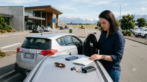 Traveller comparing SIM card and eSIM options before leaving Christchurch Airport