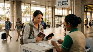 Tourist buying a SIM card at Colombo Airport after arriving in Sri Lanka