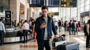 Traveler choosing a SIM card at Delhi Airport after arriving in India