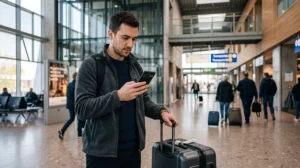 Traveller comparing SIM card and eSIM options after arriving at Eindhoven Airport