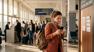 Tourist choosing a SIM card at Fes Saiss Airport