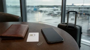 Smartphone and tourist SIM card on a table at Gdańsk Airport.
