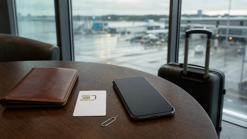 Smartphone and tourist SIM card on a table at Gdańsk Airport.