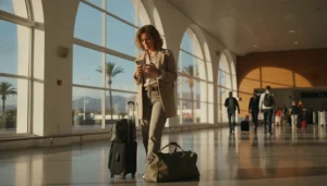 Tourist arriving at Gran Canaria Airport using smartphone with mobile internet connection