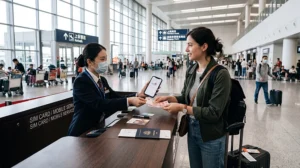 Tourist buying a SIM card at Guangzhou Baiyun International Airport