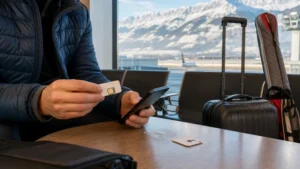 Traveller comparing SIM options on a smartphone at Innsbruck Airport with Alpine views