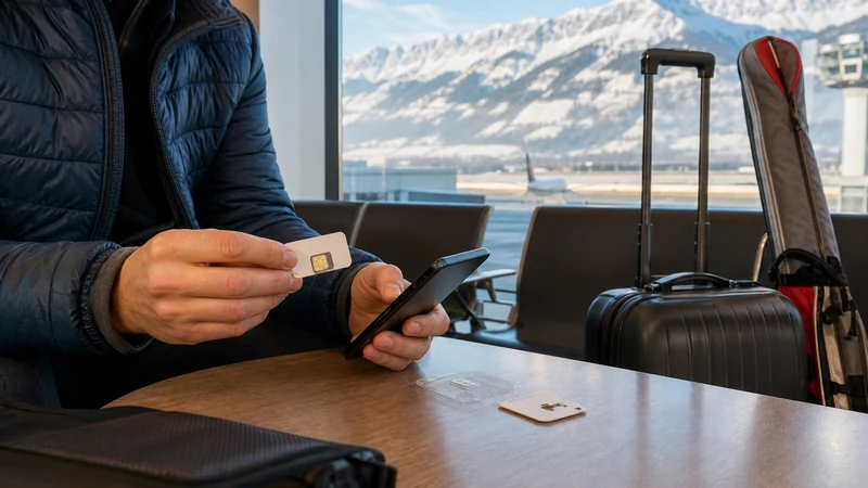 Traveller comparing SIM options on a smartphone at Innsbruck Airport with Alpine views