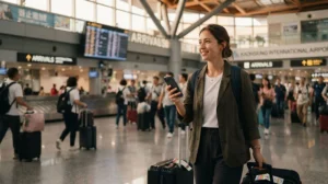 Traveller buying a SIM card after arriving at Kaohsiung International Airport in Taiwan