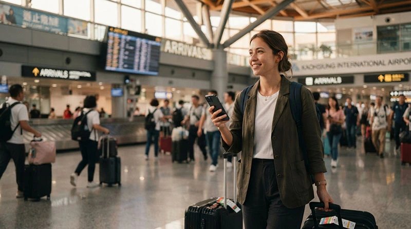 Traveller buying a SIM card after arriving at Kaohsiung International Airport in Taiwan