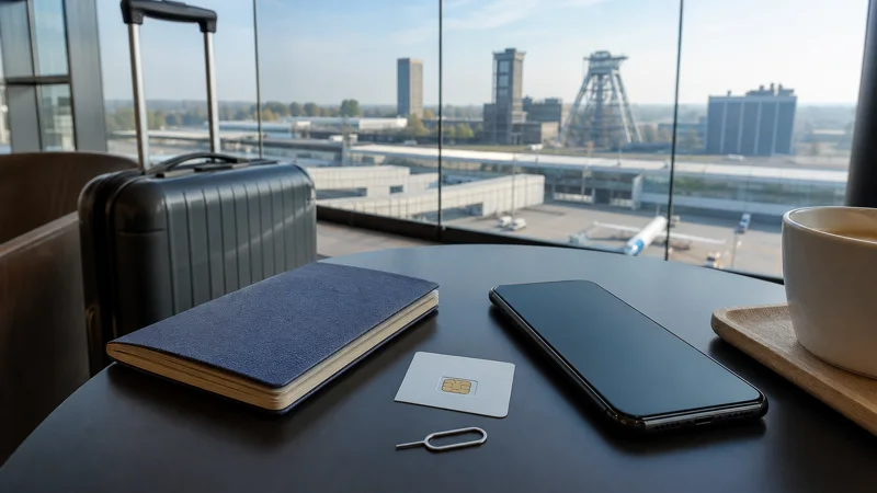 Smartphone and tourist SIM card on a table at Katowice Airport.