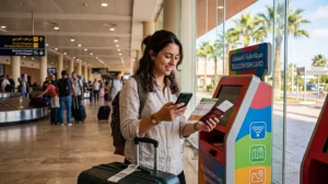 Tourist choosing a SIM card at Marrakech Menara Airport