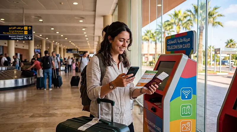 Tourist choosing a SIM card at Marrakech Menara Airport