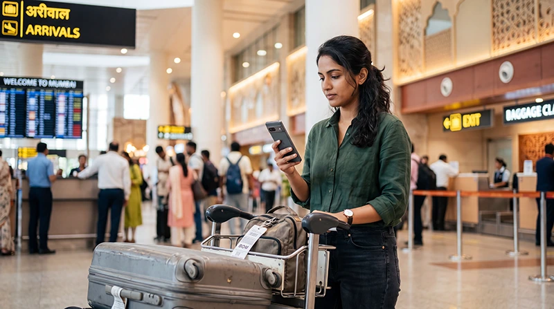Traveler buying a SIM card at Mumbai Airport after arriving in India