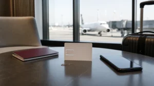 Unbranded SIM card and phone prepared in a Prague Airport lounge.