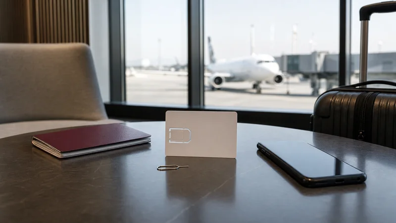 Unbranded SIM card and phone prepared in a Prague Airport lounge.