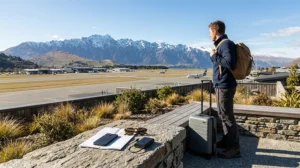 Traveller comparing SIM card and eSIM options after arriving at Queenstown Airport