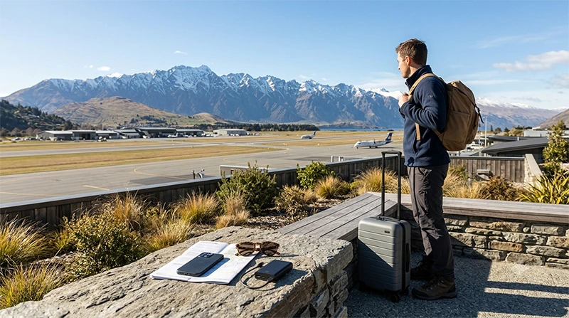 Traveller comparing SIM card and eSIM options after arriving at Queenstown Airport
