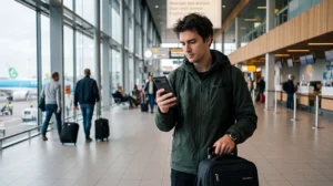 Traveller comparing SIM card and eSIM options after arriving at Rotterdam The Hague Airport