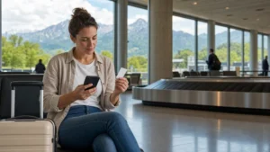 Traveller comparing a physical SIM card and phone at Salzburg Airport