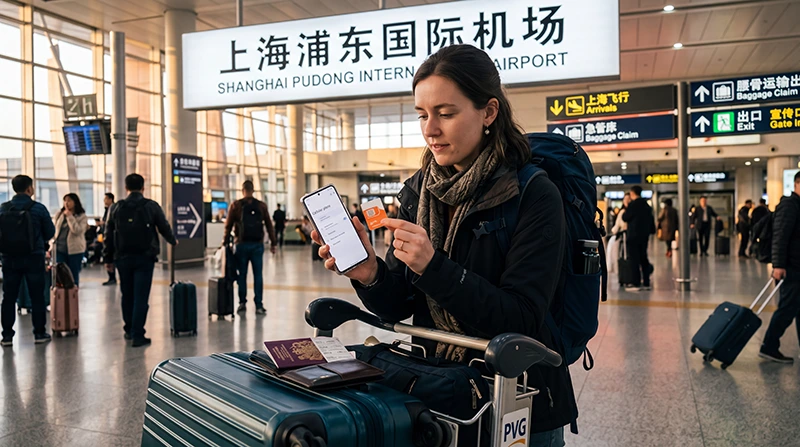 Tourist buying a SIM card at Shanghai Pudong Airport