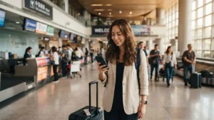 Traveller buying a SIM card after arriving at Taichung International Airport in Taiwan
