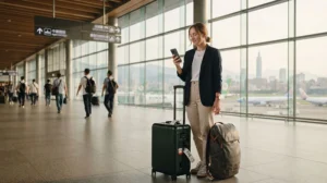 Traveller arranging mobile internet after arriving at Taipei airport