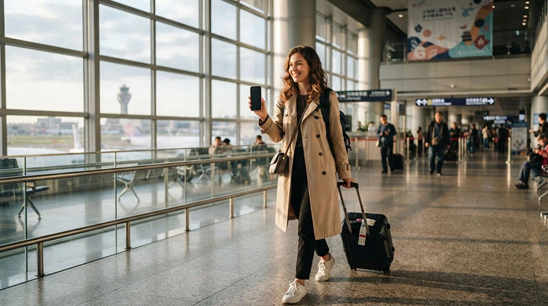 Traveller arranging a SIM card after arriving at Taoyuan International Airport