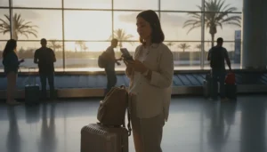 Tourist arriving at Tenerife Airport using smartphone with mobile internet connection