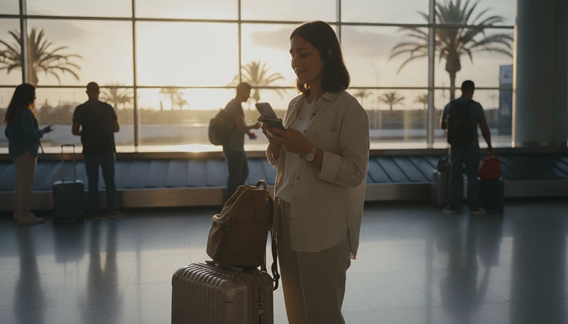 Tourist arriving at Tenerife Airport using smartphone with mobile internet connection