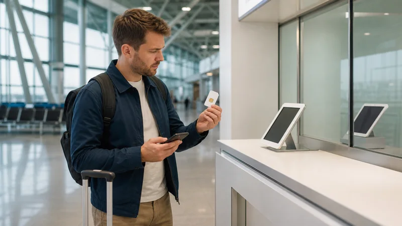 Traveller comparing a local SIM card and smartphone at Warsaw Airport.