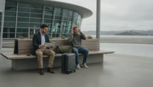 Travellers comparing SIM card and eSIM options after arriving at Wellington Airport