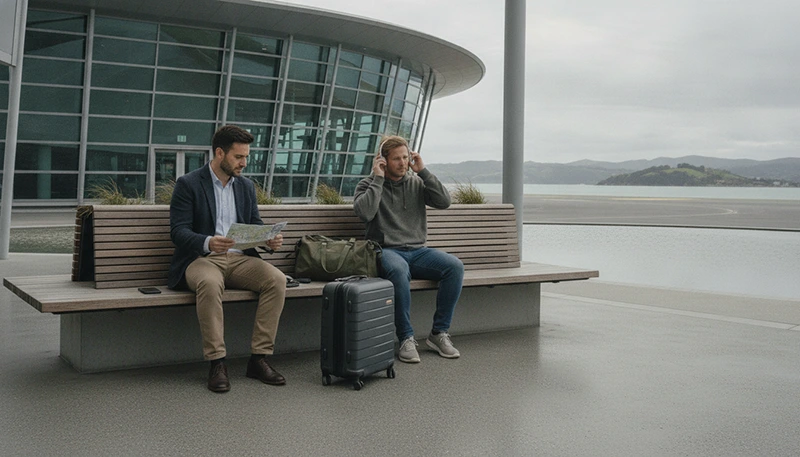 Travellers comparing SIM card and eSIM options after arriving at Wellington Airport