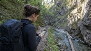 Hiker checking an offline map on a smartphone beside a wooded trail in Slovak Paradise.