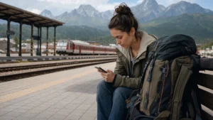 Backpacker checking a smartphone beside a pack at a Slovak railway station.