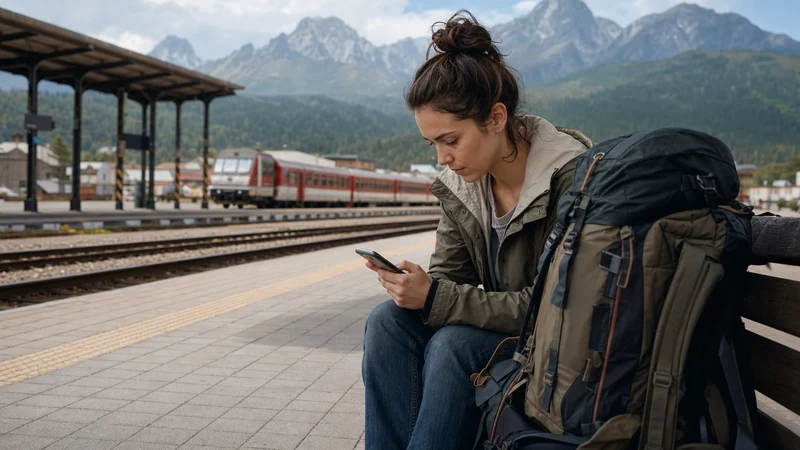 Backpacker checking a smartphone beside a pack at a Slovak railway station.
