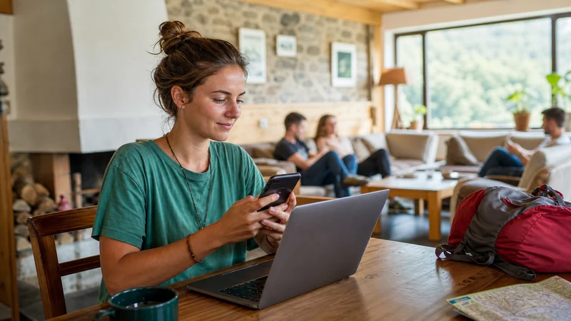 Budget traveller reviewing mobile data use on a smartphone in a Slovak hostel common area.