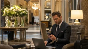 Business traveller checking a smartphone and laptop in a Bratislava hotel lobby.