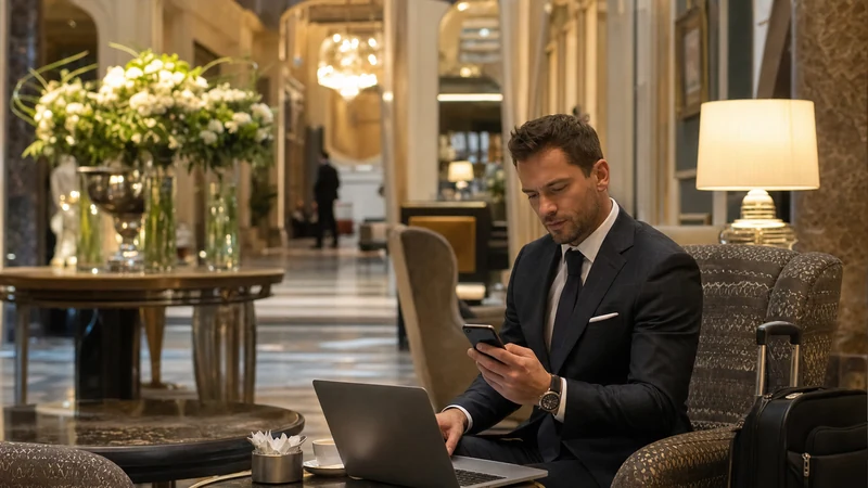Business traveller checking a smartphone and laptop in a Bratislava hotel lobby.
