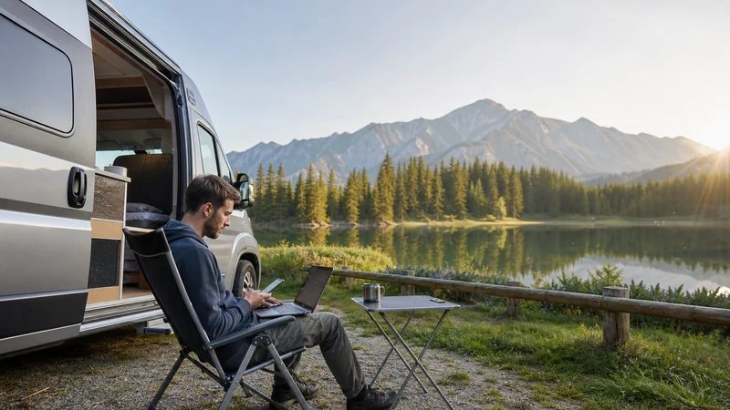 Campervan traveller using a laptop and smartphone beside a parked vehicle in Slovakia.