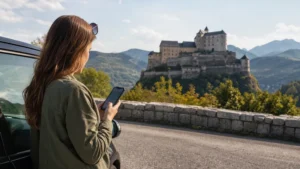 Road-trip traveller checking a smartphone map beside a parked car with a Slovak castle beyond.