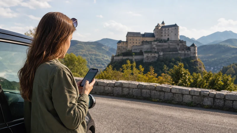 Road-trip traveller checking a smartphone map beside a parked car with a Slovak castle beyond.
