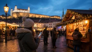 Visitor using a smartphone near illuminated Christmas market stalls in Bratislava.
