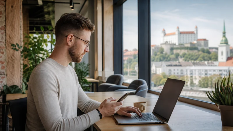 Remote worker using a laptop and smartphone in a bright Bratislava coworking space.